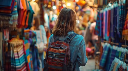 Obraz premium A Young Traveler Strolling Through a Colorful Market with a Backpack