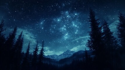 Naklejka premium Starry Night Sky Over Majestic Mountain Landscape