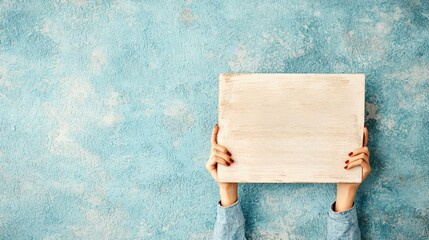 Woman holding blank wooden sign against textured blue wall background