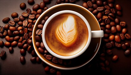 위에서 내려다 본 커피콩과 따뜻한 카푸치노 배경화면