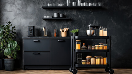 Modern kitchen with black cabinetry, countertop with tools, mixer, glass jars, and open shelves against a textured dark wall, featuring indoor plant and wooden floor.