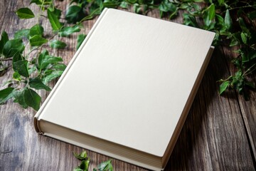 A blank book resting on a wooden table surrounded by green leaves in soft diffused light for a minimalist aesthetic