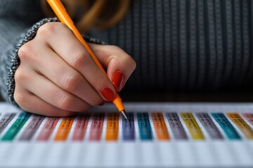 Accountant marking expenses on color-coded spreadsheet for financial tracking