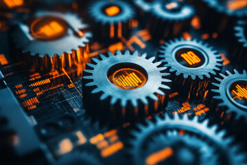 close up of gear system with data visualization, showcasing intricate details and glowing elements. image conveys sense of technology and innovation