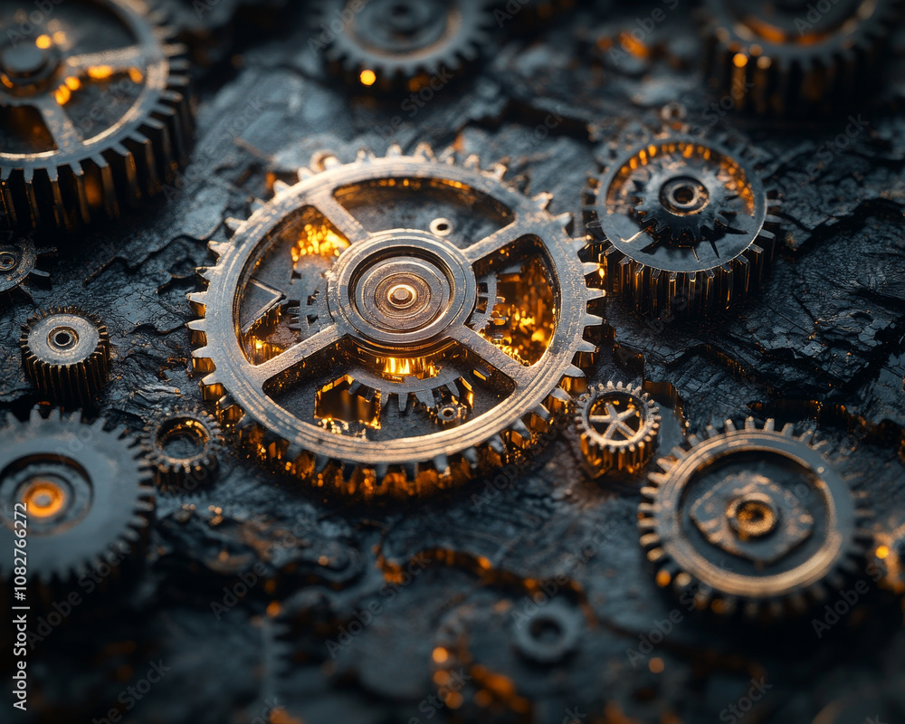 Aufkleber conceptual art piece showcasing intricate gears as foundation of mechanical design, illuminated by w