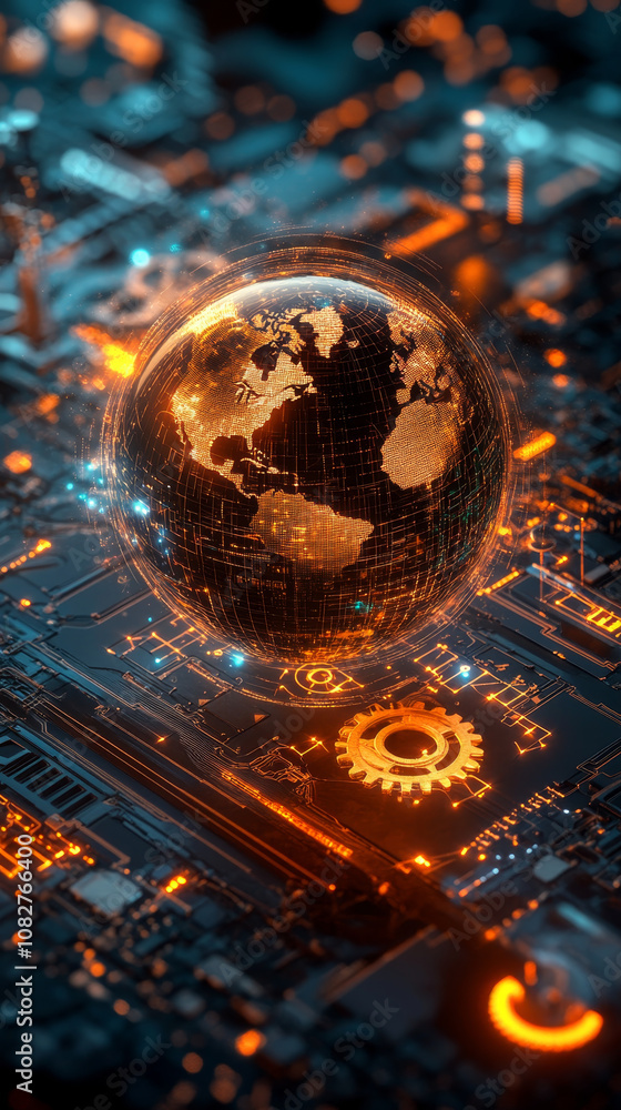 Poster digital globe with gears rotating around it, symbolizing technology and connectivity. vibrant colors