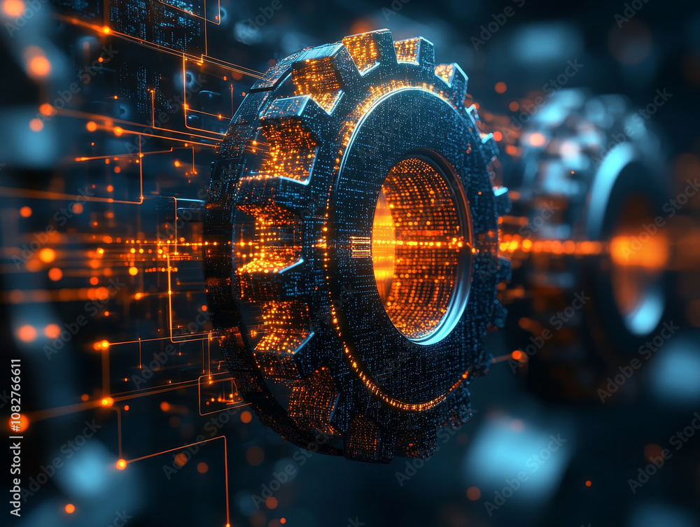 Poster gear mechanism with digital data flowing through it, showcasing blend of technology and engineering.