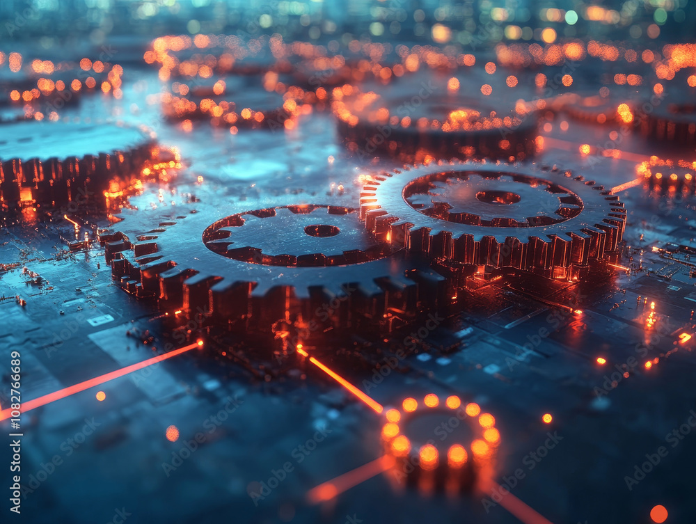 Poster stylized image of gears and circuits, showcasing intricate details and glowing elements, representin