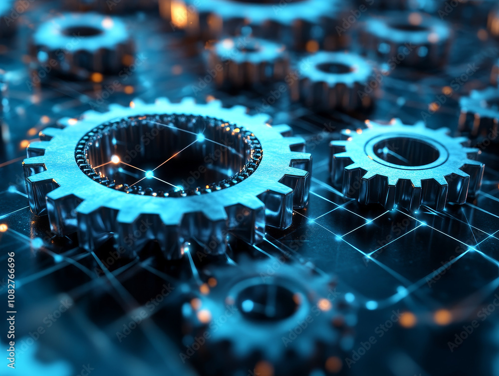 Poster stylized image of gears with glowing blue effect, representing technology and innovation. intricate 