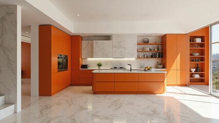 Fototapeta premium Vibrant Orange Modern Kitchen with Sleek Cabinetry and Ample Natural Light
