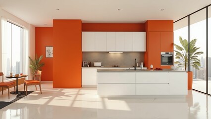 Fototapeta premium Vibrant Orange Modern Kitchen with Sleek Cabinetry and Ample Natural Light
