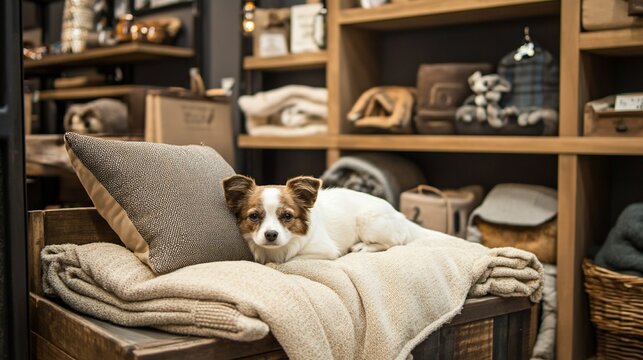 A small white and brown dog is lying on a blanket on a wooden bench in a store.