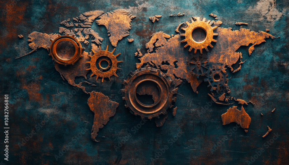 Poster image features world map with gears integrated into design, symbolizing global cooperation and indus