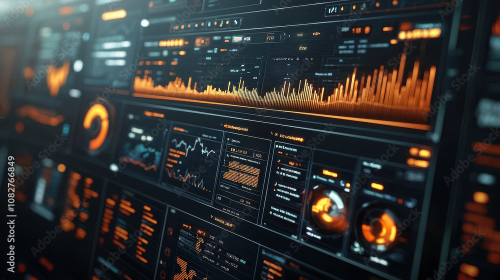 Poster futuristic dashboard displays advanced data analytics with vibrant orange and black graphics, showca