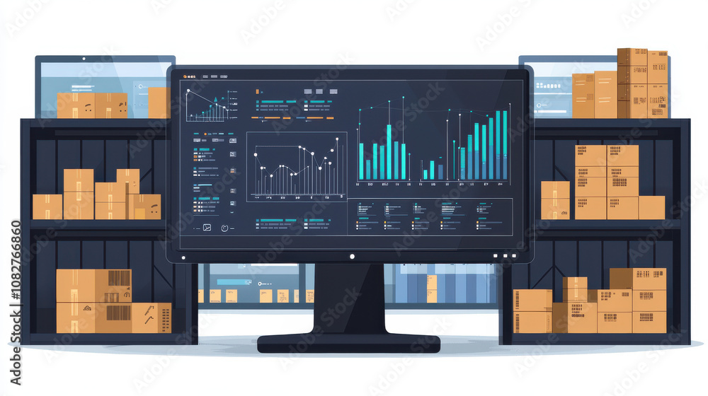 Poster digital dashboard displays advanced tracking and monitoring of key processes, surrounded by shelves 