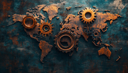 image features world map with gears integrated into design, symbolizing global cooperation and industry. rusty texture adds vintage feel, enhancing theme of harmony in global supply chains