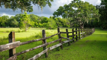 Rustic wooden fence bordering a lush, green field