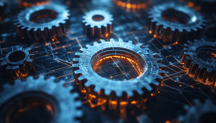 Gears turning in sync, depicting harmony of global supply chains, showcasing intricate details and glowing elements