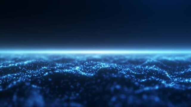 Blue digital water surface made of glowing energy flowing particles with white shining sunset. Futuristic fantasy hi tech technology screensaver for business. 4k 60fps looped graphic.