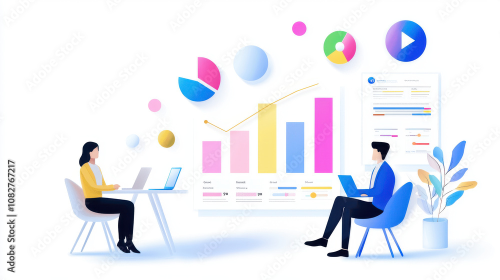 Poster vibrant illustration of two people using laptops to analyze data on customizable analytics dashboard