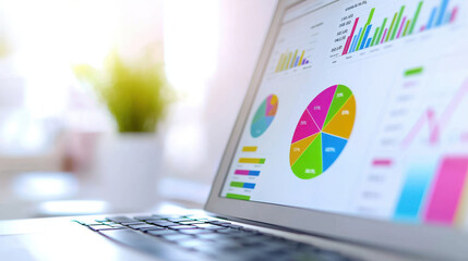 laptop displaying customizable analytics dashboard with colorful charts and graphs, enabling users to monitor data effectively
