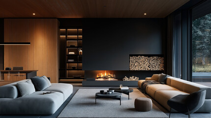 Modern living room with stylish furniture, featuring a large sectional sofa, a fireplace with stacked firewood, wood-paneled walls, a minimalist dining area, and large windows overlooking nature.