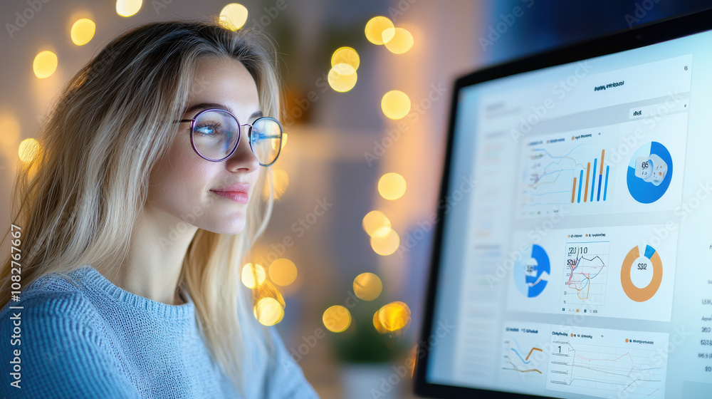 Poster woman wearing glasses is focused on computer screen displaying interactive performance dashboards wi