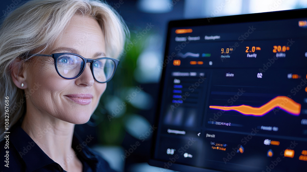 Poster woman with glasses smiles confidently while analyzing data on digital performance dashboard, featuri