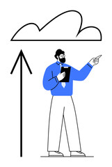 Man holding a tablet and pointing at a cloud above an upward arrow. Ideal for cloud computing, data upload, IT solutions, business strategy, digital transformation, technology progression