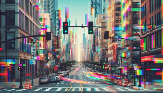 Glitch cityscape, pixels VHS tape view