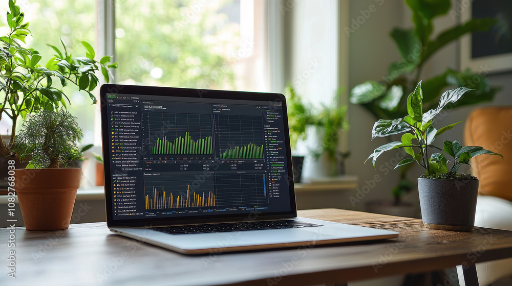 Poster laptop displaying interactive metrics monitoring dashboard is placed on wooden table surrounded by p