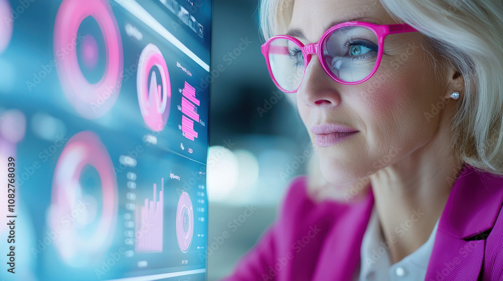 Poster woman in pink glasses analyzes data on digital dashboard, focusing intently on interactive real time