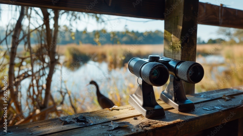 Poster an immersive birdwatching experience in a natural reserve, binoculars set up for birdwatching in a b