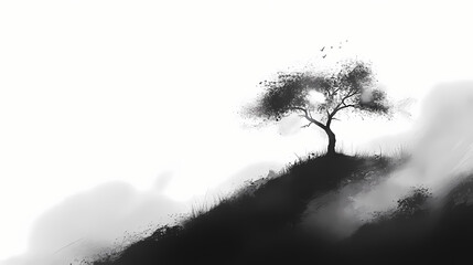 A solitary tree fading into mist, symbolizing transience and nature's beauty. Ephemeral. Illustration