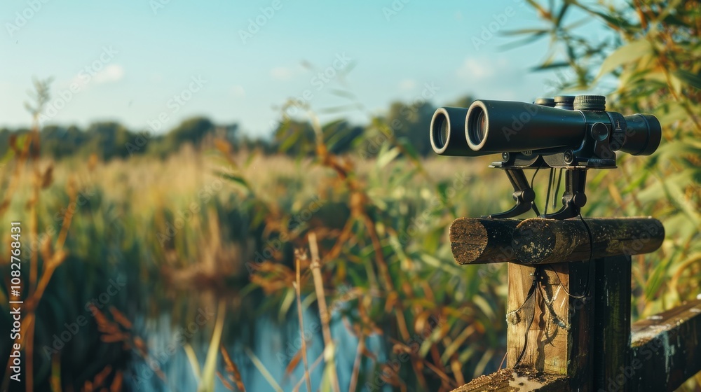 Poster an immersive birdwatching experience in a nature reserve, binoculars set up for birdwatching in a bi