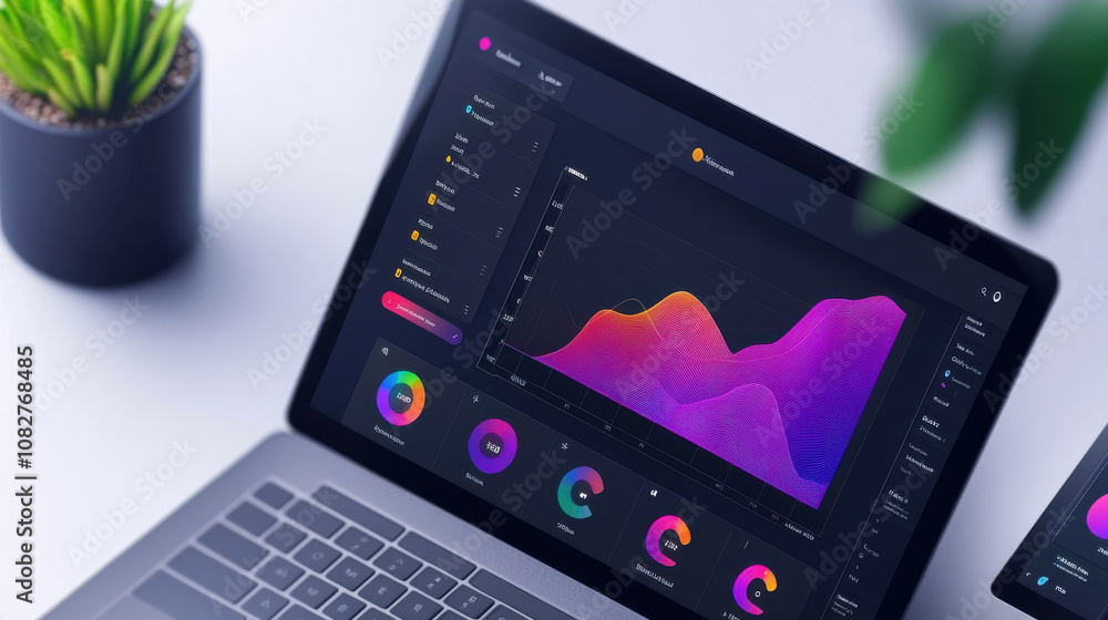 Poster modern performance dashboard on laptop screen displays vibrant graphs and charts, showcasing data an