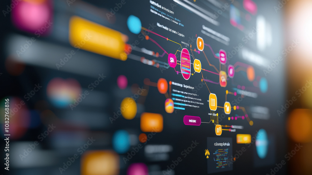 Poster vibrant data dashboard design showcasing interconnected data points and analytics in clean, modern i