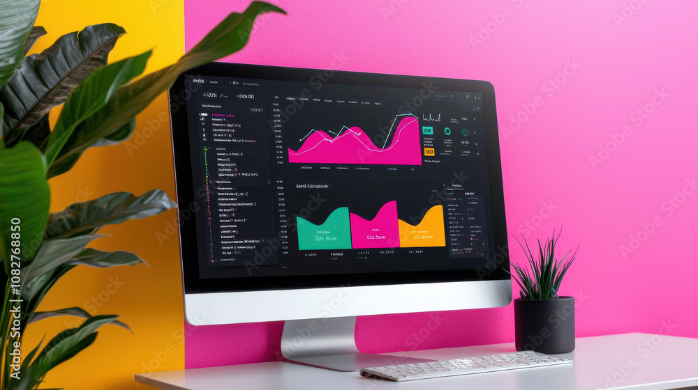 Aufkleber sleek computer monitor displays vibrant, customizable dashboard with colorful graphs and data analyt