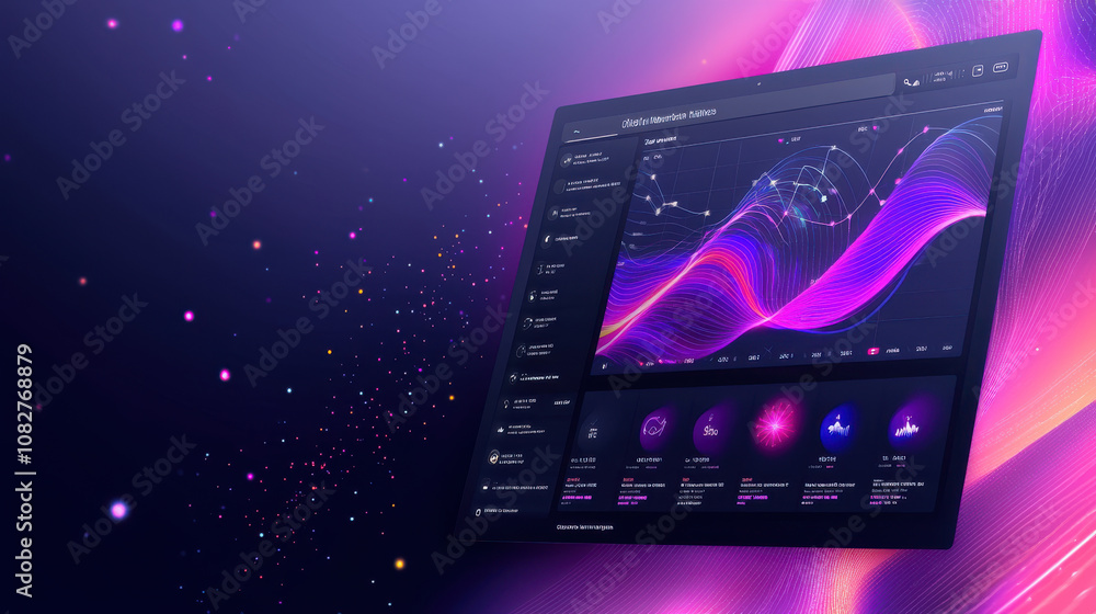 Poster dynamic, customizable dashboard with vibrant, flowing data visualizations and interactive elements o