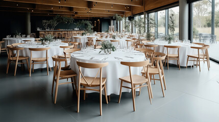 Elegant dining hall with round tables set for an event, featuring white tablecloths, wooden chairs, glassware, and green centerpieces, with large windows offering a view of outdoor scenery.