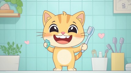 Fototapeta premium A cat happily holds a toothbrush in a bathroom