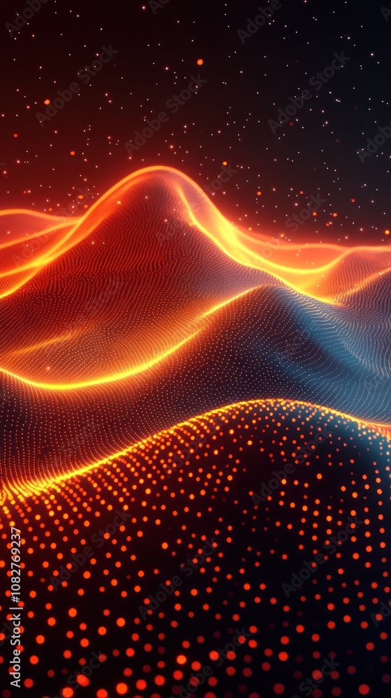 Poster abstract digital landscape with glowing waves and particles.