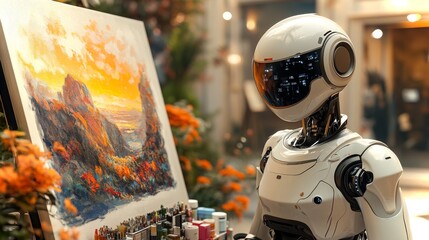 Fototapeta premium An android artist creates a vibrant landscape painting in a contemporary art studio at sunset