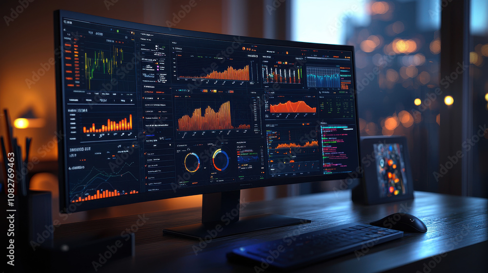 Poster sleek, user friendly system dashboard displays complex monitoring data on wide screen in modern offi