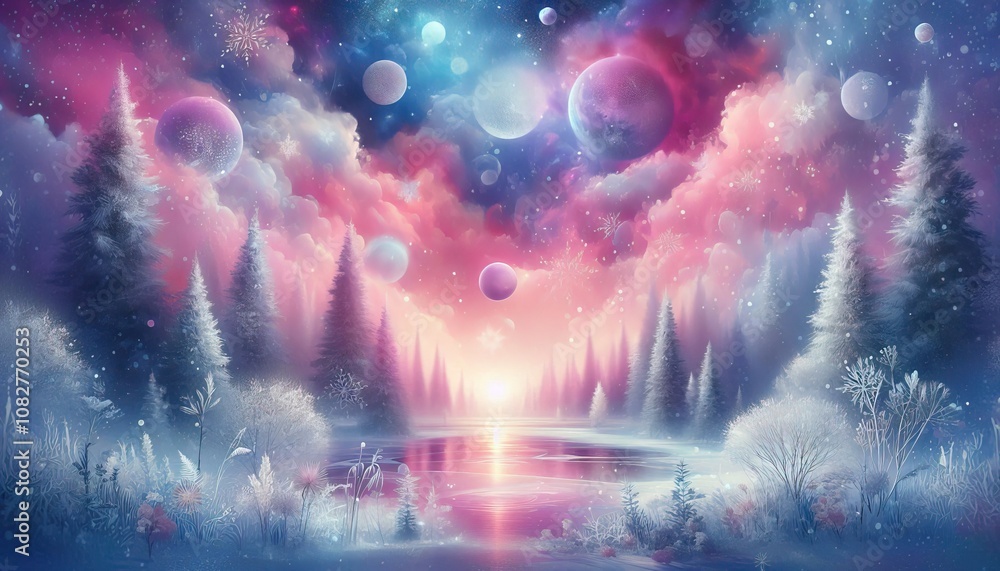 Poster winter abstract background with snow-covered trees near a lake and a cloudy sky with planets during 