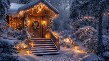 A Cozy Cabin Decorated for Christmas with Snowy Forest Surroundings