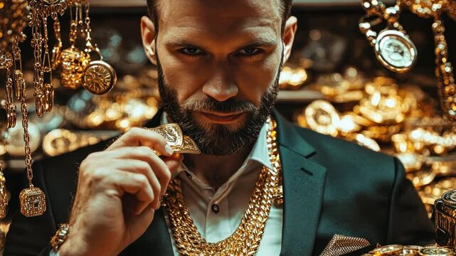 Rich guy showing off his gold necklace, surrounded by symbols of luxury