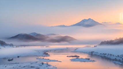 Obraz premium Winter landscape with a river and mountains in the distance at sunset