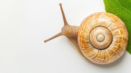 Close-Up of a Brown Snail with Detailed Shell Textures Crawling on a Leaf Against a Light Background in a Natural Setting