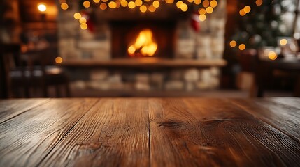 Close-up of a wooden table with the gentle glow of a blurred fireplace and Christmas lights in the background, creating a warm, intimate holiday scene, inviting warmth. --ar 16:9